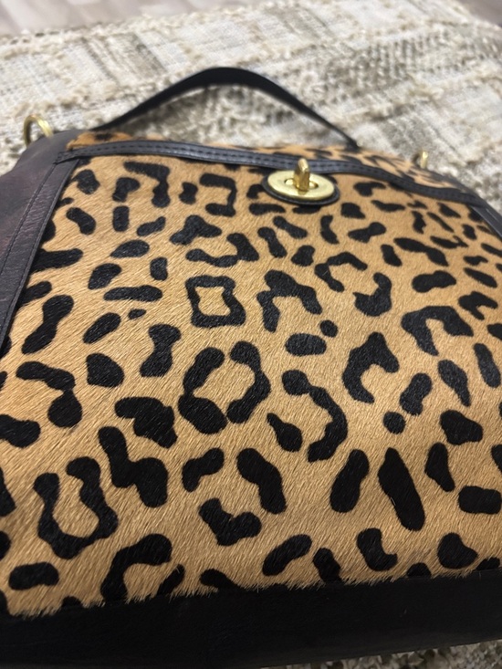 Coach Leopard Calf Hair Leather Turnlock One Shoulder Tote Bag